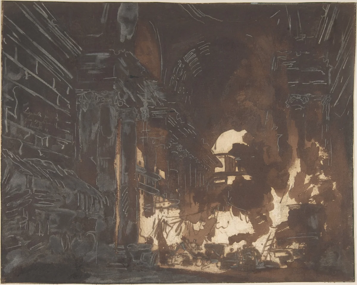 Washerwomen in a Ruined Gallery by Hubert Robert, drawing, 1755-1765