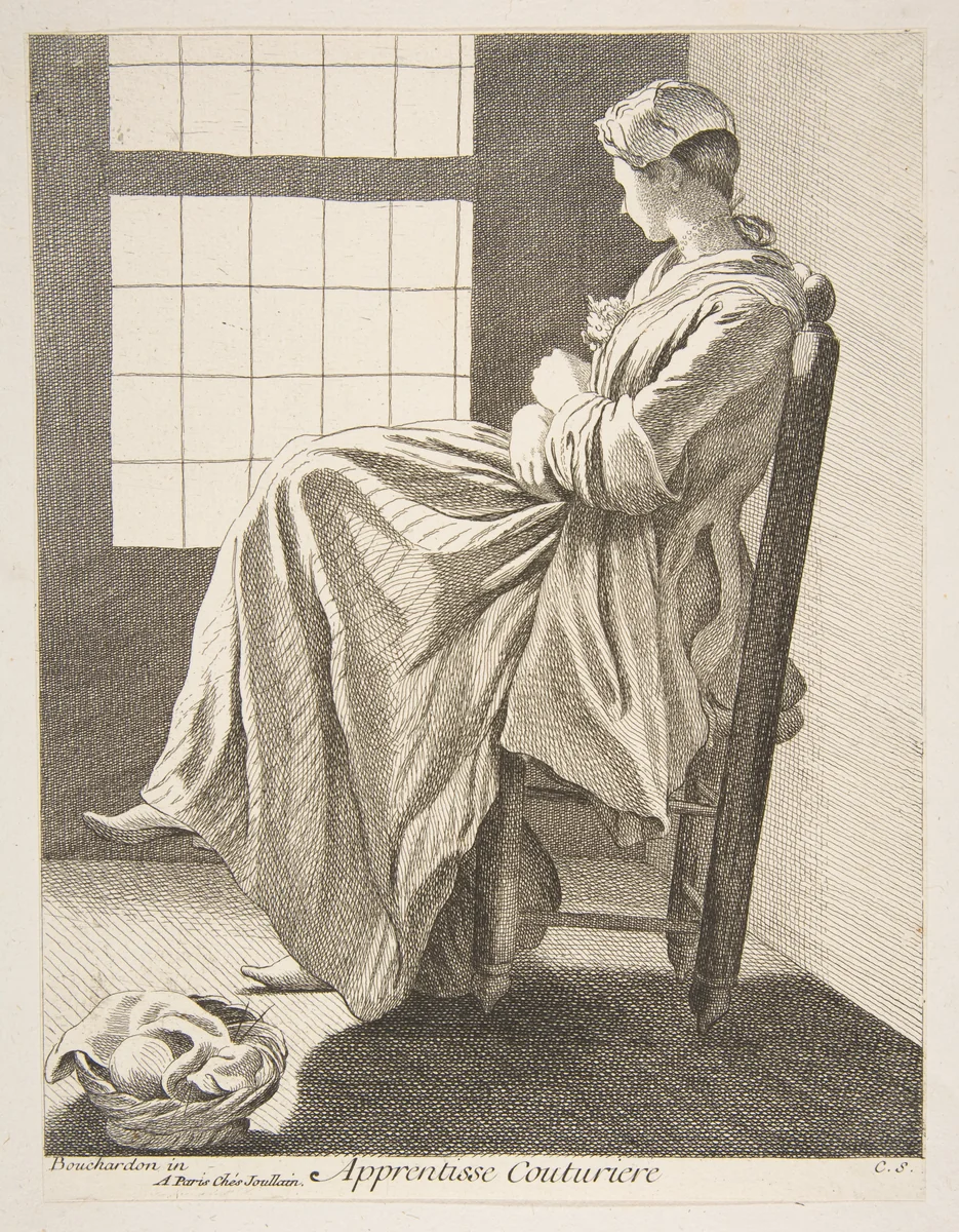 Sewing Apprentice by Anne Claude Philippe de Tubières, print, 1737