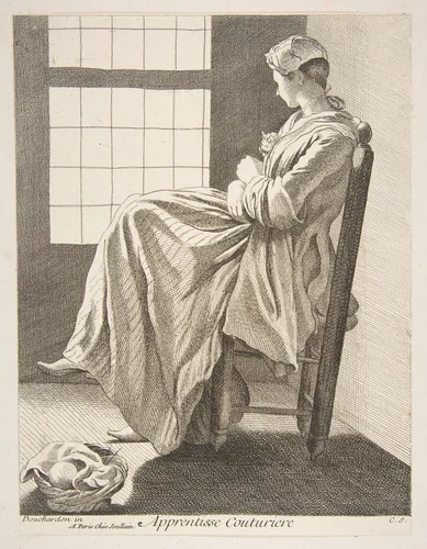 Sewing Apprentice by Anne Claude Philippe de Tubières, print, 1737