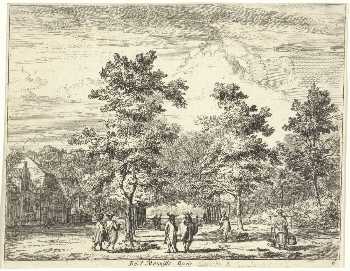 Wandelende figuren op een laan met bomen by Jan Vincentsz. van der Vinne, print, 1688-1690
