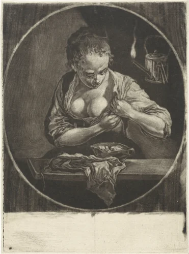 Zich vlooiende vrouw by Cornelis Dusart, print, 1670-1704