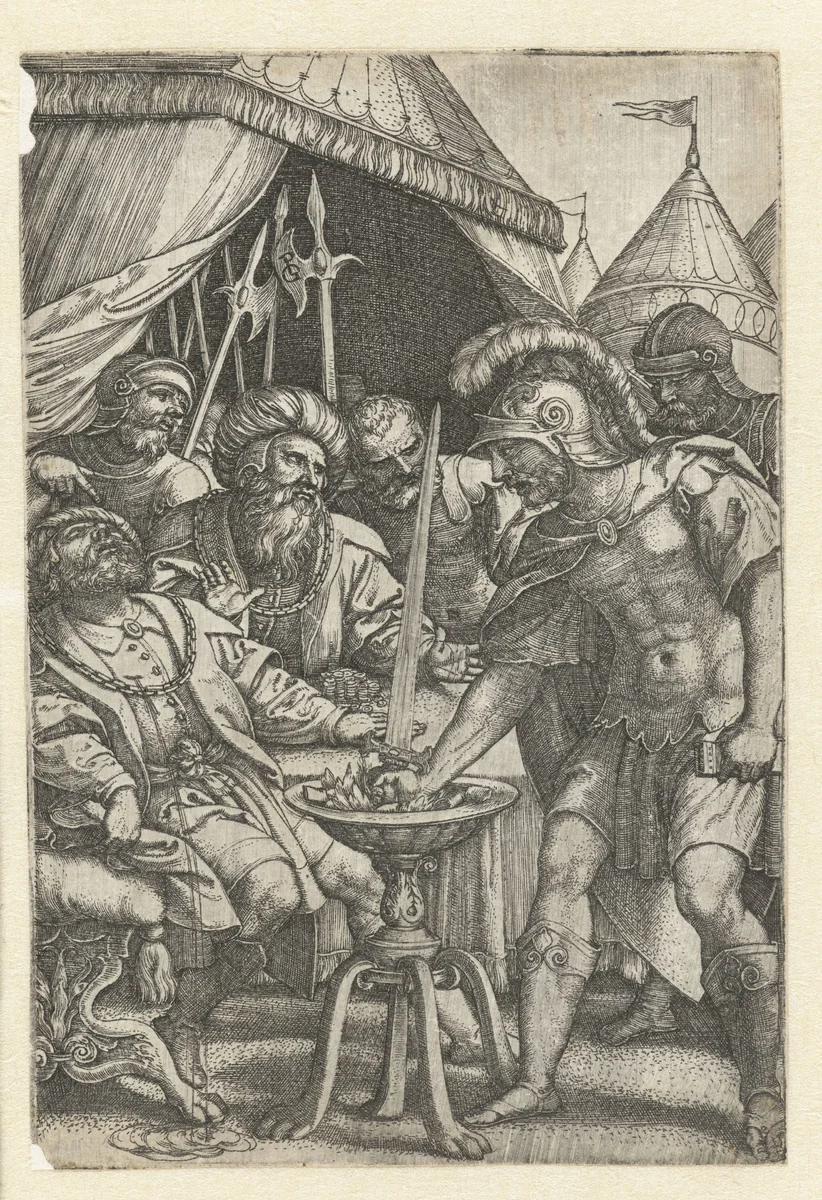 Mucius Scaevola steekt rechterhand in het vuur by Unknown, print, 1535