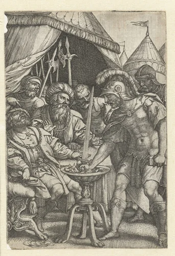 Mucius Scaevola steekt rechterhand in het vuur by Unknown, print, 1535