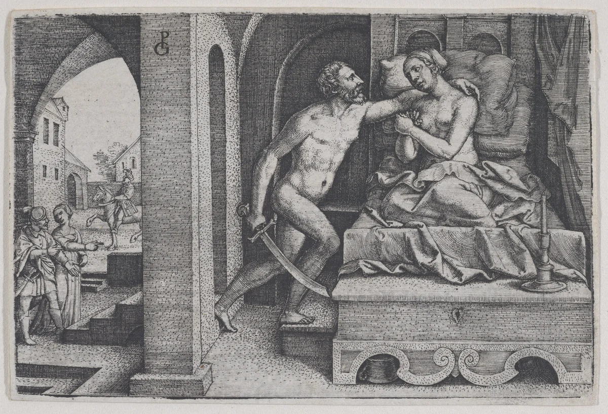 Tarquinius Rapes Lucretia, from Scenes from Roman History by Georg Pencz, print, 1541-1552
