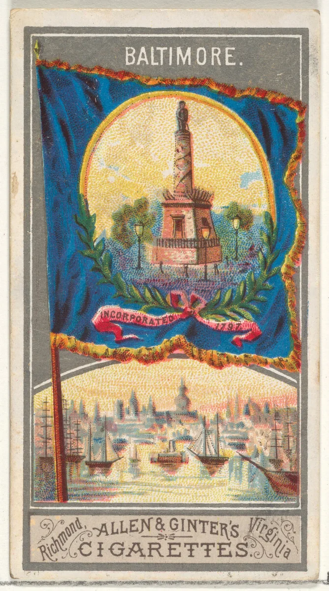 Baltimore, from the City Flags series (N6) for Allen & Ginter Cigarettes Brands by Allen & Ginter, print, 1887