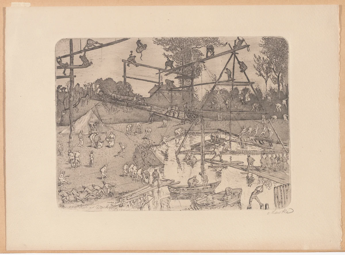 Sappers at Work on the Vistula (Pionierarbeit an der Weichsel) by Oskar Laske, print, 1915