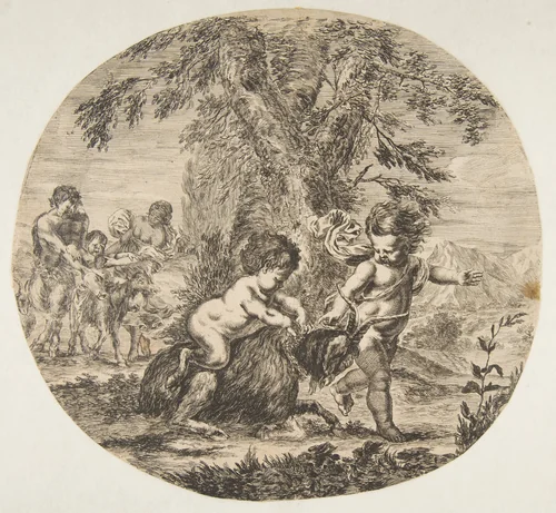 A child and a satyr child playing with a goat by Stefano della Bella, print, 1652-1662