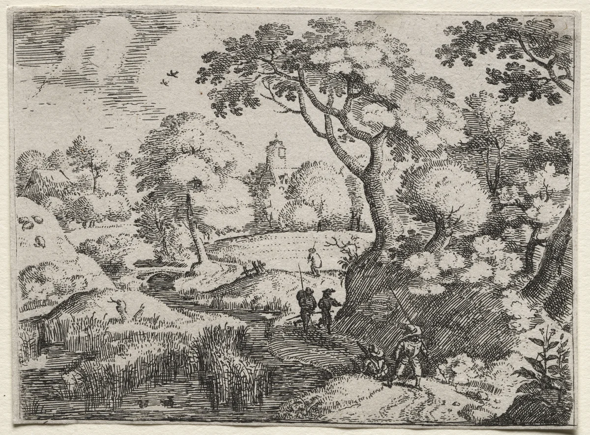 Six Landscapes: Path Between Swamp and Wooded Bank by Jacob Savery, print, 1590-1600