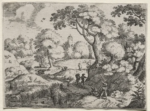 Six Landscapes: Path Between Swamp and Wooded Bank by Jacob Savery, print, 1590-1600