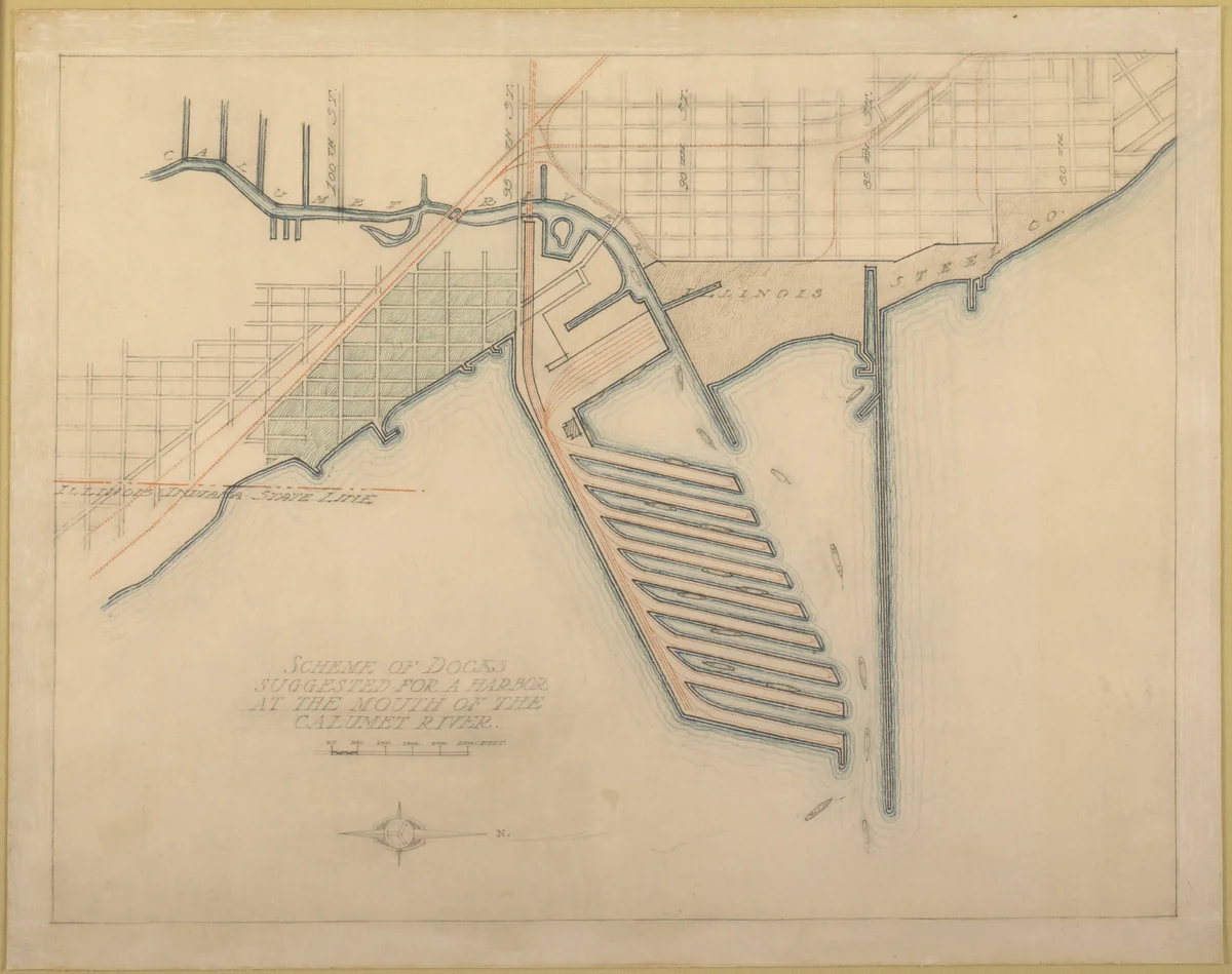 Plate 72 from The Plan of Chicago, 1909: Chicago. Sketch Diagram of Docks Suggested at the Mouth of the Calumet River for Bulk Freight Steamers; Access To Be Had Without Opening of Bridges. by Daniel Hudson Burnham
Edward Herbert Bennett, drawing, 1909