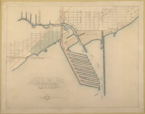 Plate 72 from The Plan of Chicago, 1909: Chicago. Sketch Diagram of Docks Suggested at the Mouth of the Calumet River for Bulk Freight Steamers; Access To Be Had Without Opening of Bridges. by Daniel Hudson Burnham
Edward Herbert Bennett, drawing, 1909