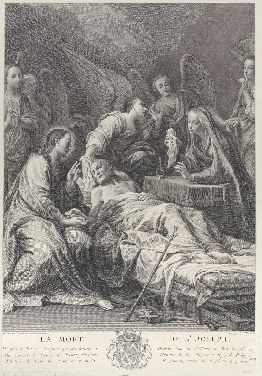 The death of Saint Joseph, lying on a bed, with Jesus, the Virgin Mary, and angels at his side by Johann Christian Teucher, print, 1740-1750