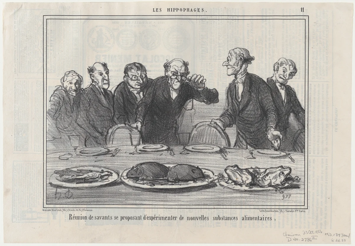 Réunion de savants se proposant..., from Les Hippophages, published in Le Charivari, October 23, 1856 by Honoré Daumier, print, 1856