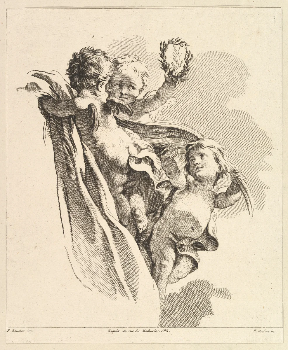 Trois Amours dont un tient un couronne, de Quatrième Livre de Groupes d'Enfans by Pierre Alexandre Aveline, print, 1720-1760