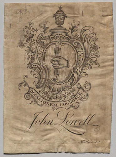 Bookplate: Coat of Arms with John Lowell inscribed by Nathaniel Hurd, print
