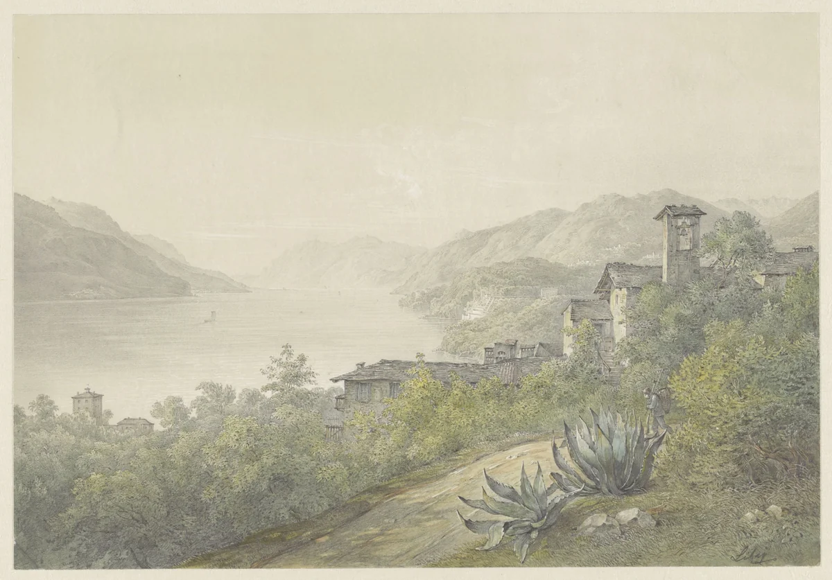 Gezicht vanuit het park van Bellagio, aan het Comomeer by Karoly Lajos Libay, drawing, 1824-1888