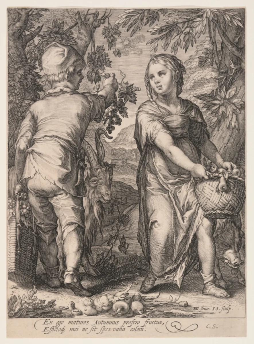 Autumn (Boy and Girl Harvesting Fruit), from The Four Seasons by Jan Saenredam, print, 1601