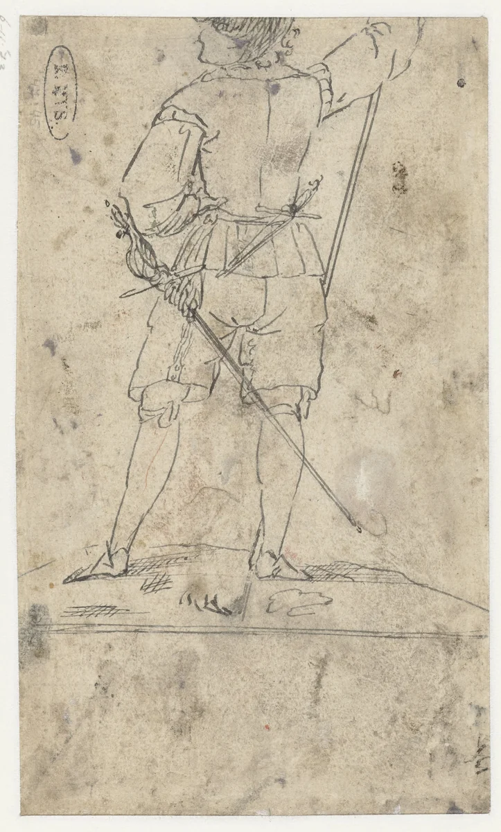 Studie van een staande soldaat, op de rug gezien by anonymous, drawing, 1599-1649