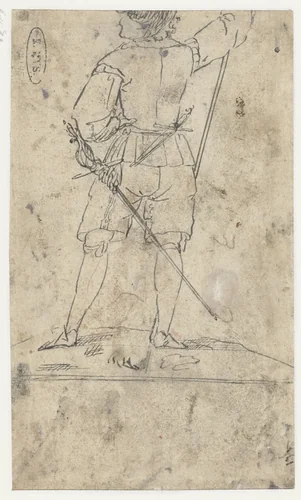 Studie van een staande soldaat, op de rug gezien by anonymous, drawing, 1599-1649