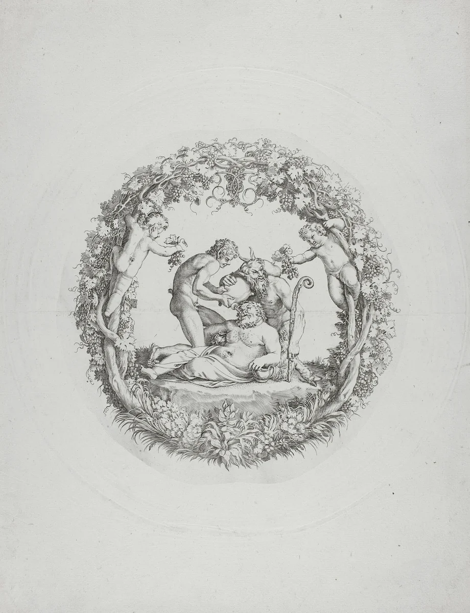 Drunken Silenus (the "Tazza Farnese") by Annibale Carracci, print, 1592-1602