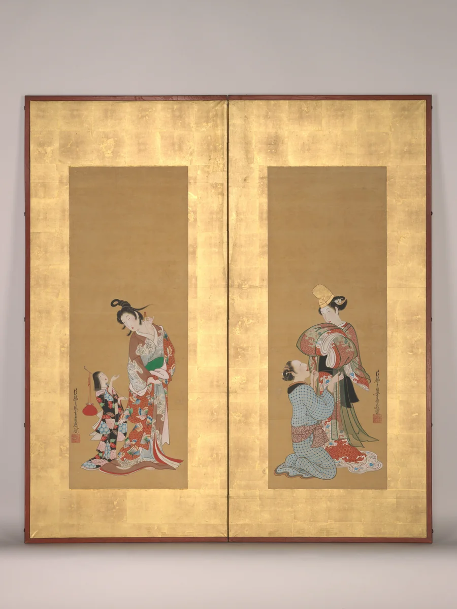 Shirabyōshi Dancer and Female Servant; Courtesan and Girl Attendant by Tsukioka Settei (月岡雪鼎), painting, 1734-1766