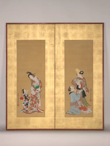 Shirabyōshi Dancer and Female Servant; Courtesan and Girl Attendant by Tsukioka Settei (月岡雪鼎), painting, 1734-1766