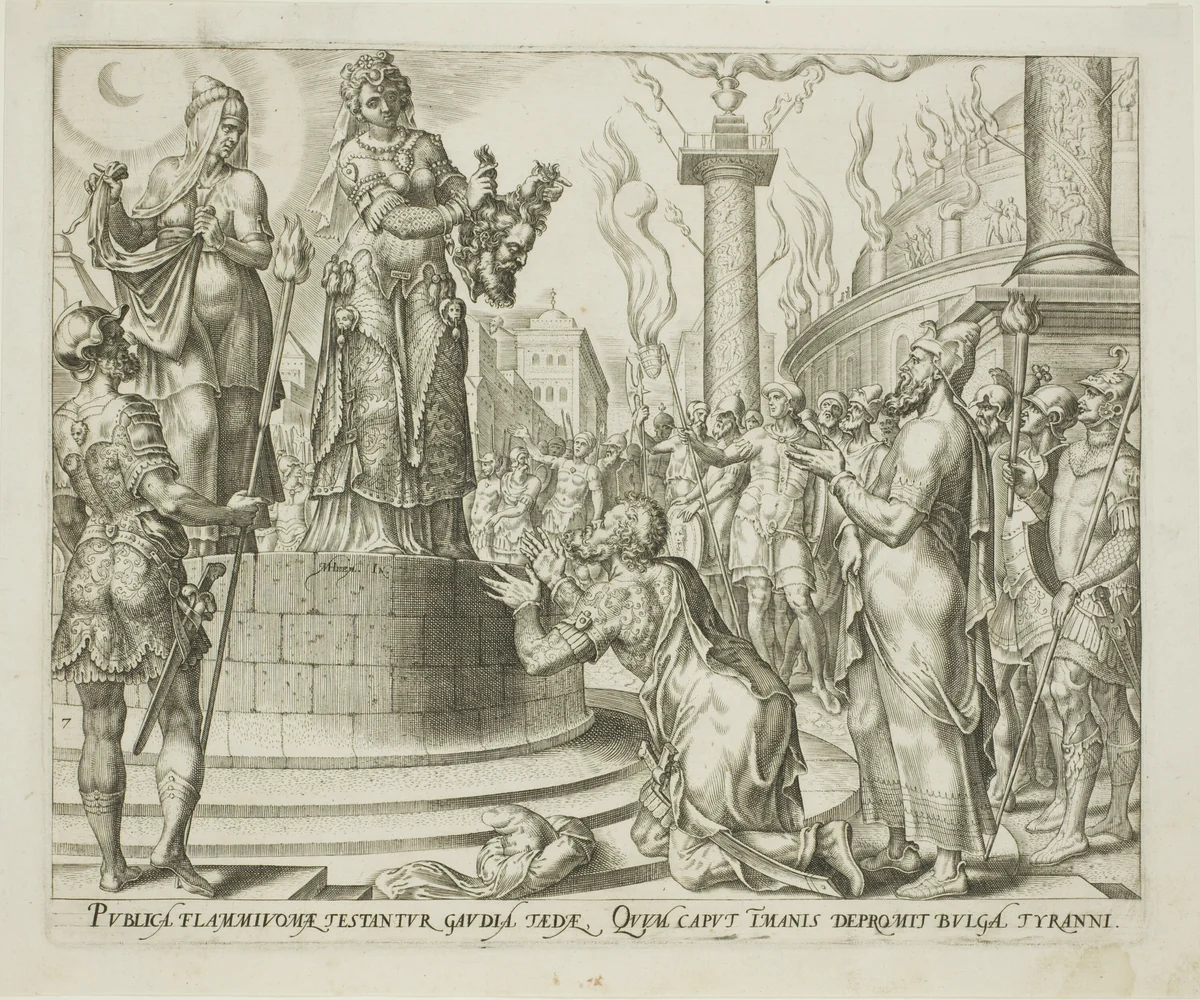Judith Displaying Holofernes's Head to the People of Bethulia, plate seven from The Story of Judith and Holofernes by Philip Galle, print, 1564
