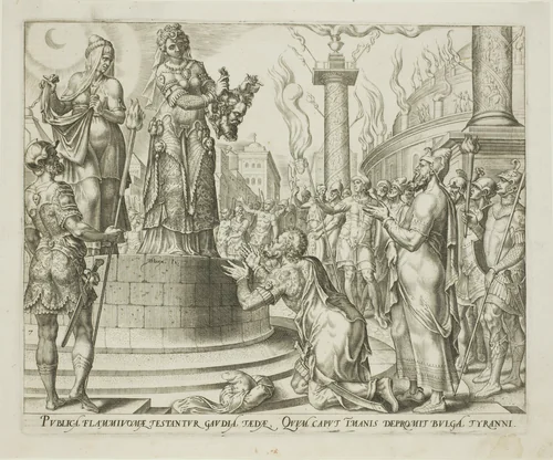 Judith Displaying Holofernes's Head to the People of Bethulia, plate seven from The Story of Judith and Holofernes by Philip Galle, print, 1564