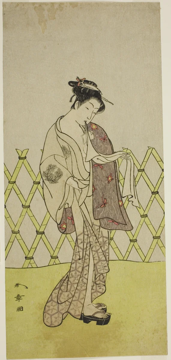 The Actor Nakamura Riko I as Hakata no Kojoro (?) in the Play Shitenno-ji Nobori Kuyo, Performed at the Ichimura Theater in the Eighth Month, 1773 by Katsukawa Shunsho (勝川 春章), print, 1768-1778