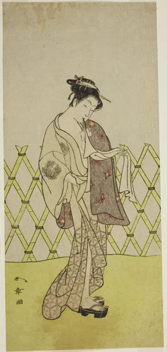 The Actor Nakamura Riko I as Hakata no Kojoro (?) in the Play Shitenno-ji Nobori Kuyo, Performed at the Ichimura Theater in the Eighth Month, 1773 by Katsukawa Shunsho (勝川 春章), print, 1768-1778