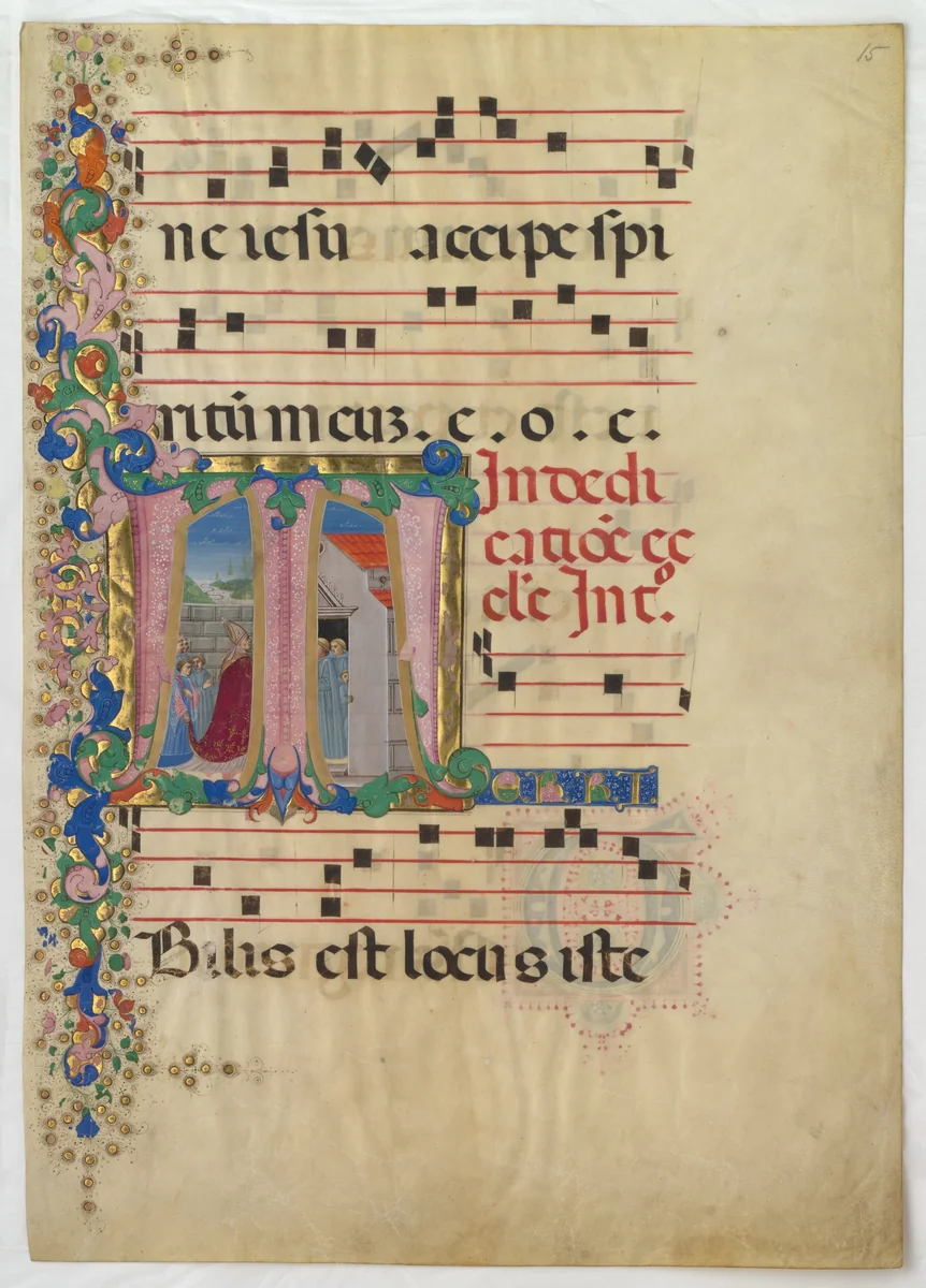 Manuscript Leaf with the Dedication of a Church in an Initial T, from a Gradual by Mariano del Buono, manuscript, 1450-1499