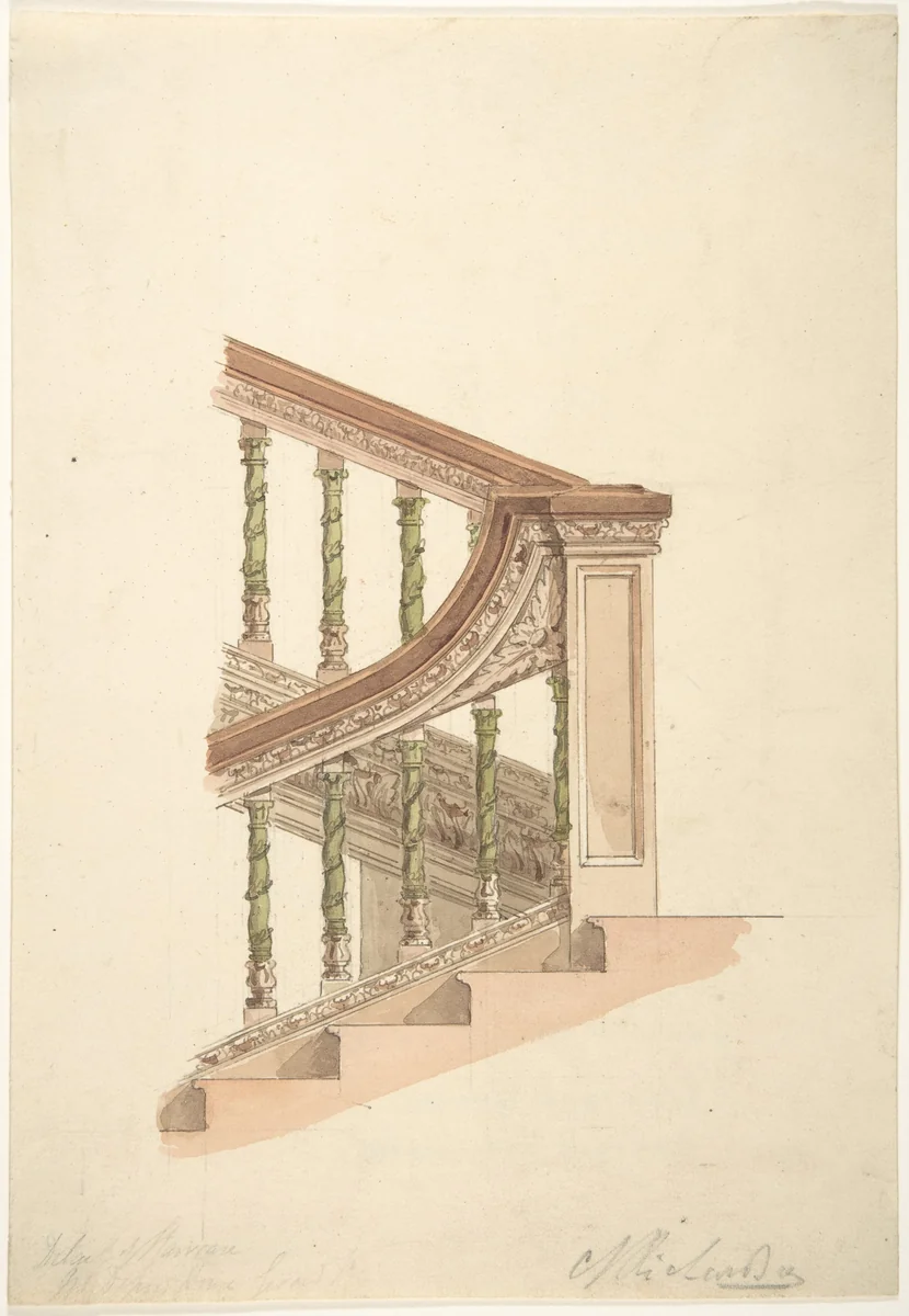 Detail of Staircase at [Gerrard?] House, Gerrard Street, Soho, London by Charles James Richardson, drawing, 1825-1871