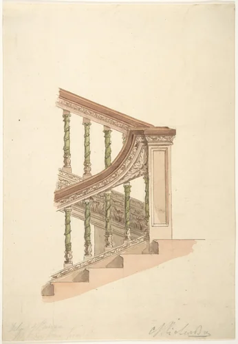 Detail of Staircase at [Gerrard?] House, Gerrard Street, Soho, London by Charles James Richardson, drawing, 1825-1871