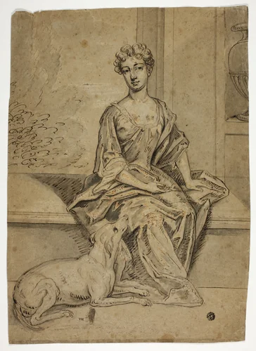 Portrait of Court Lady with Mastiff by Godfrey Kneller, drawing, 1666-1723