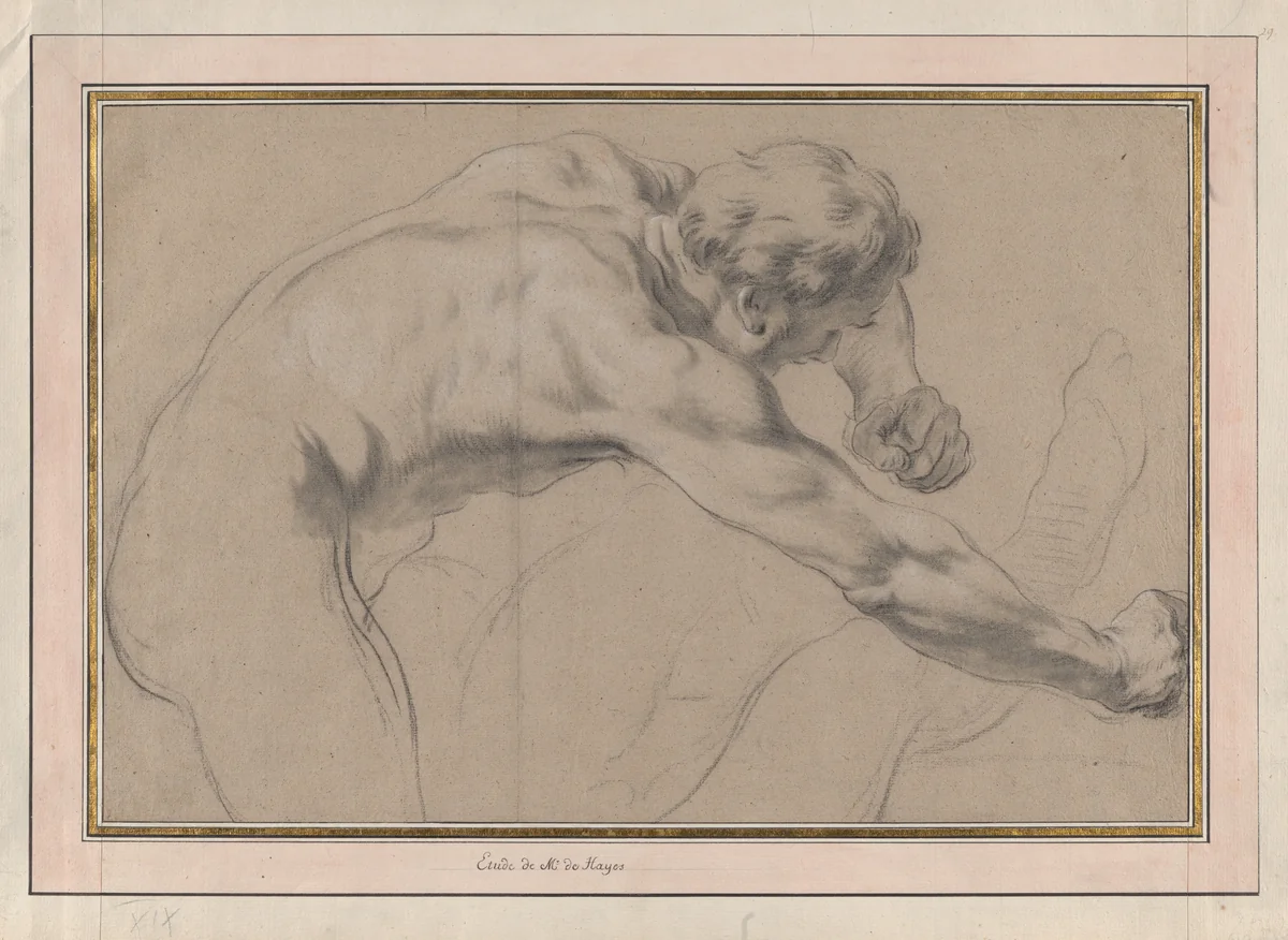 Male Nude, Study for Samson and Delilah by Jacques Francois Amand, drawing, 1725-1735