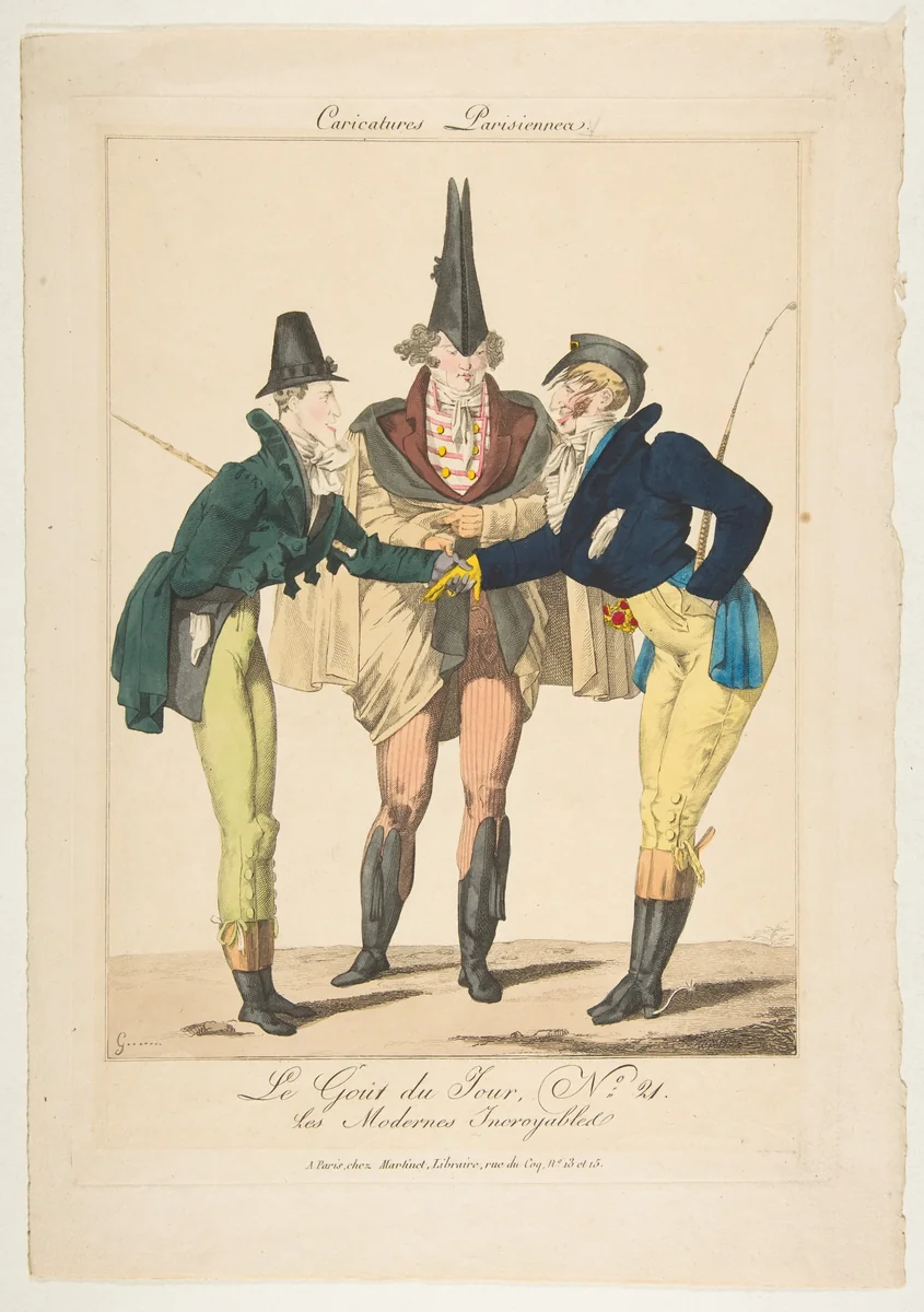 Le Goût du Jour, No. 21: Les Modernes Incroyables, from "Caricatures Parisiennes" by Georges Jacques Gatine, print, 1810-1820
