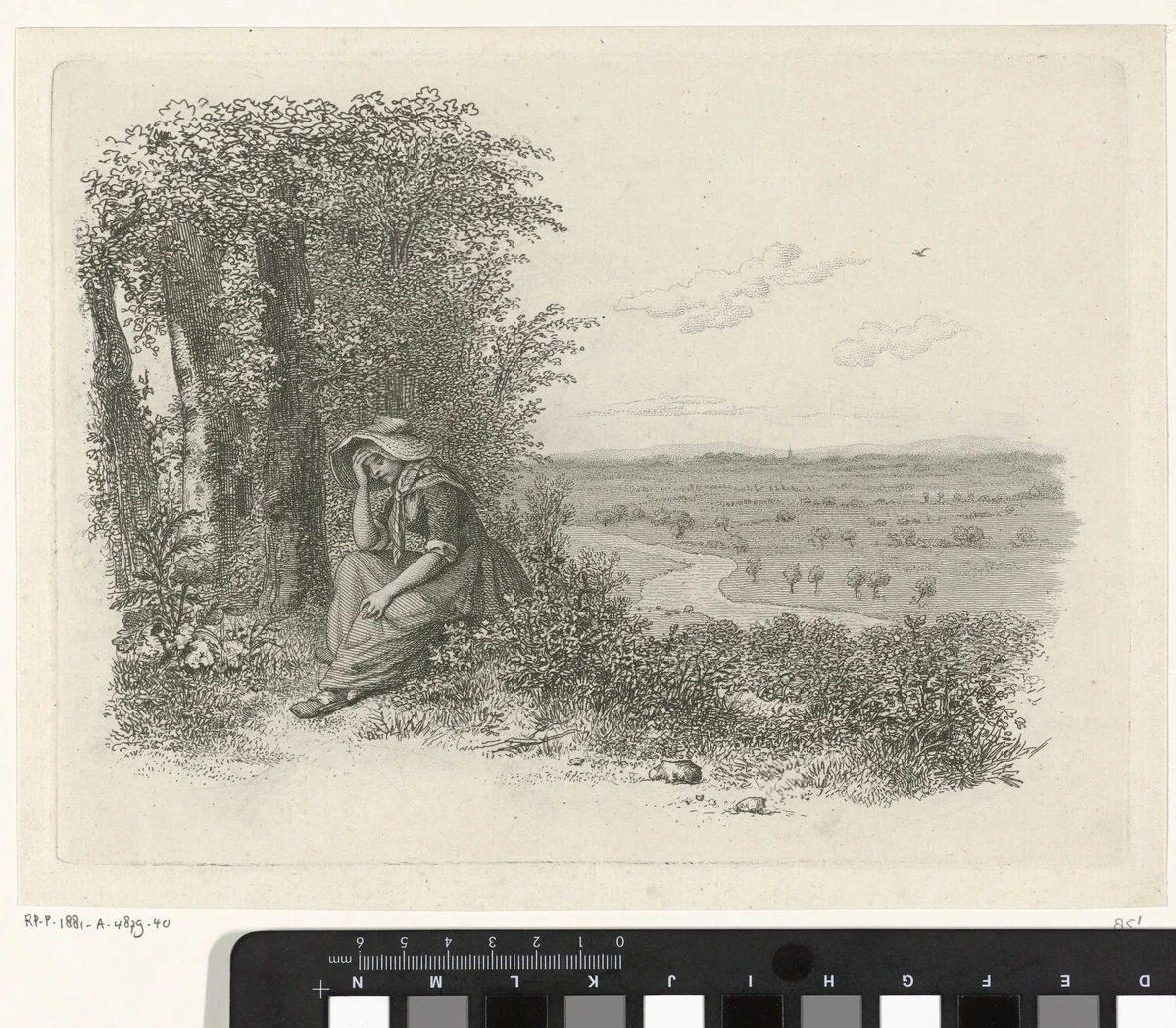 Zittende vrouw in een landschap by Jacob Ernst Marcus, print, 1814