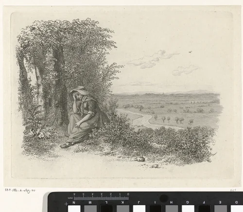 Zittende vrouw in een landschap by Jacob Ernst Marcus, print, 1814