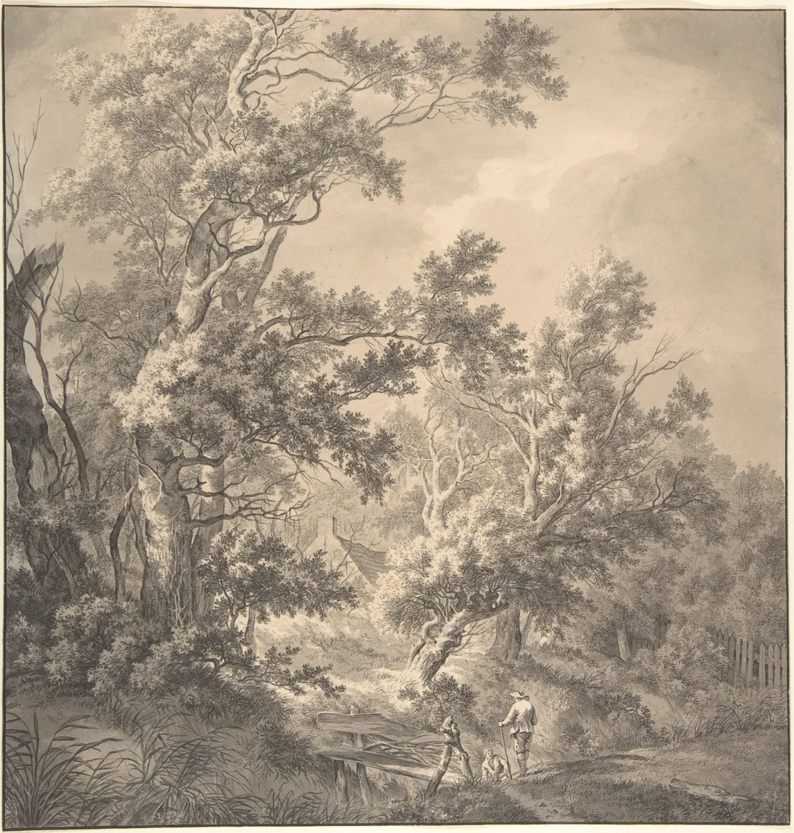 Landscape with a House Hidden Between Trees and Two Men Near a Small Bridge by Franciscus Andreas Milatz, drawing, 1779-1808