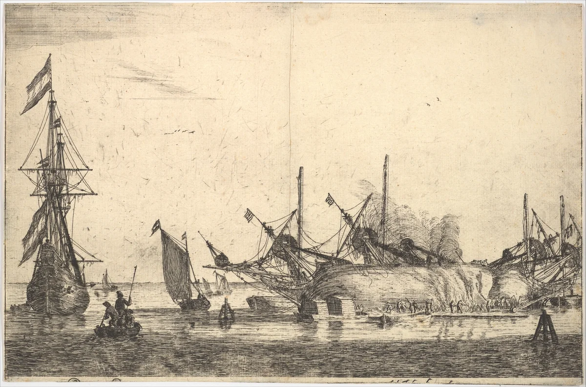Ships Careened for Caulking the Hull by Reinier Nooms, print, 1635-1670