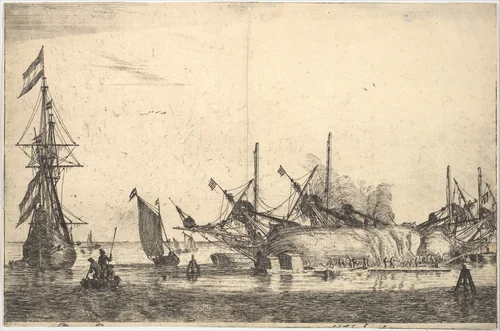 Ships Careened for Caulking the Hull by Reinier Nooms, print, 1635-1670