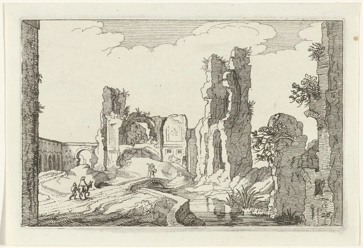 Landschap met poort en ruïne by anonymous, print, 1618