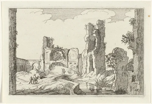 Landschap met poort en ruïne by anonymous, print, 1618