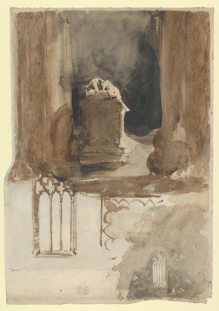 A Tomb and Studies of Windows in the Church of Valmont Abbey (recto); Four Studies of Horses (verso) by Eugène Delacroix, drawing, 1829-1831