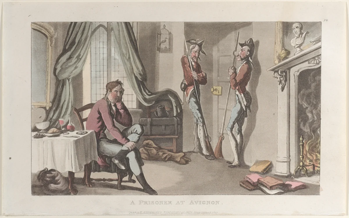 A Prisoner at Avignon, from "Journal of Sentimental Travels in the Southern Provinces of France, Shortly Before the Revolution" by Thomas Rowlandson, print, 1820