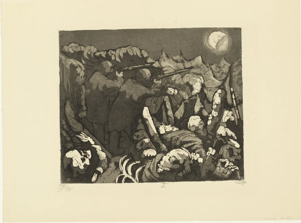 The Outposts in the Trenches Must Maintain the Bombardment at Night (Die Sappenposten haben nachts das Feuer zu unterhalten) from The War (Der Krieg) by Otto Dix, print, 1924