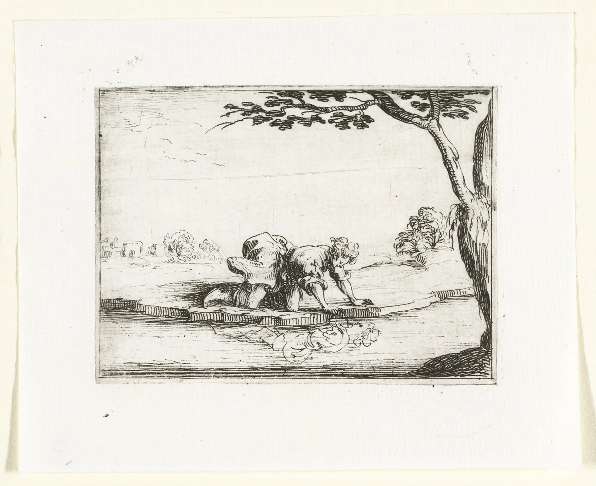 Narcissus bewondert zijn spiegelbeeld in het water by Jacques Callot, print, 1621-1635