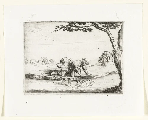 Narcissus bewondert zijn spiegelbeeld in het water by Jacques Callot, print, 1621-1635
