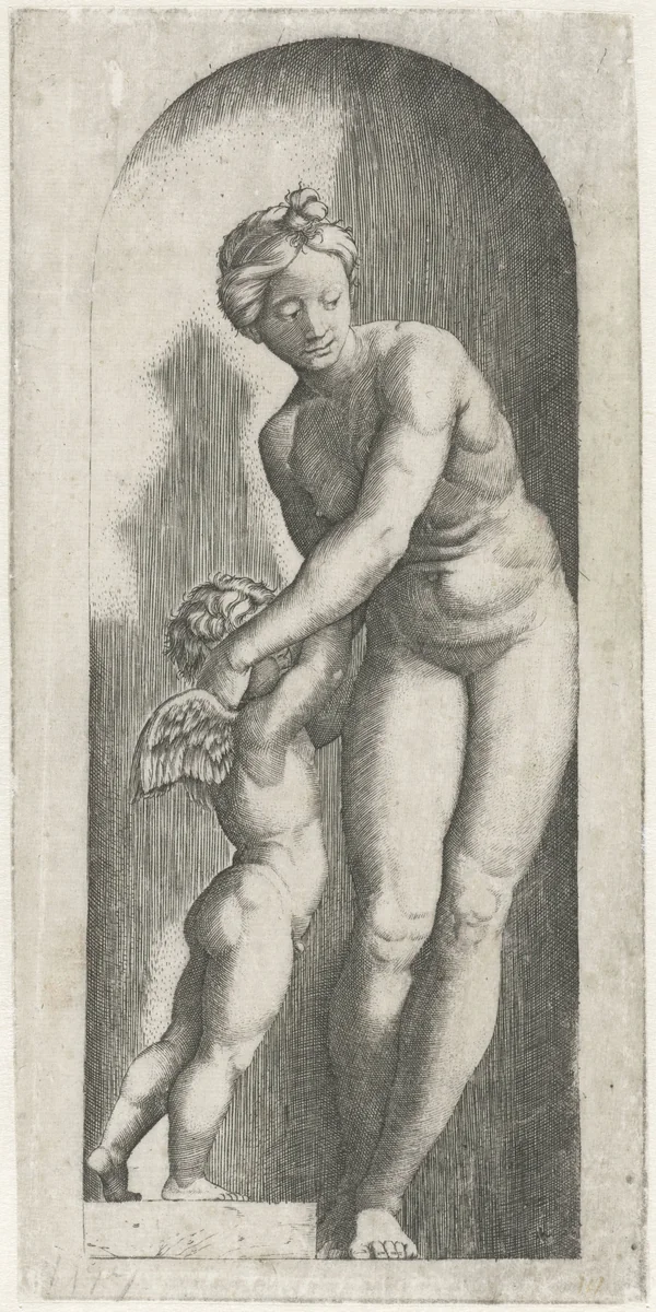 Venus en Amor staand in nis by anonymous, print, 1510-1575