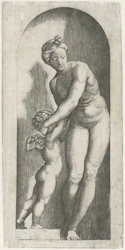 Venus en Amor staand in nis by anonymous, print, 1510-1575